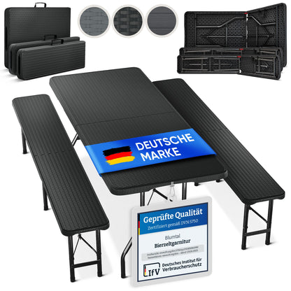 Blumtal Bierzeltgarnitur 3er Set klappbar, Rattan-Optik, schwarz – Tisch und zwei Bänke für 8 Personen