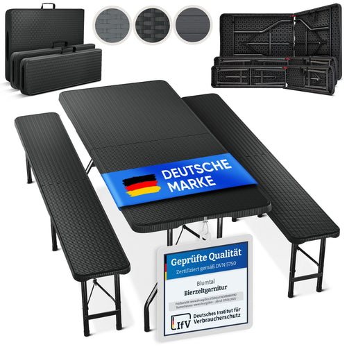 Blumtal Bierzeltgarnitur 3er Set klappbar, Rattan-Optik, schwarz – Tisch und zwei Bänke für 8 Personen
