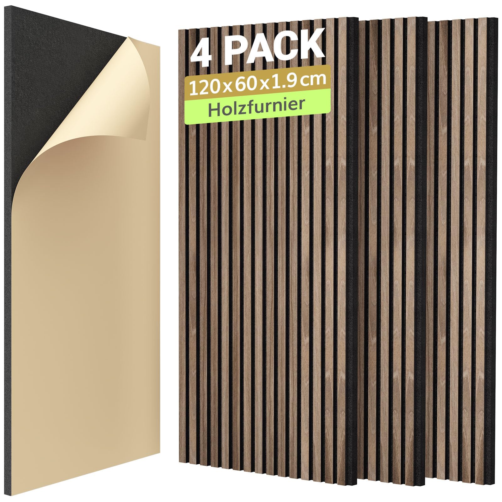 TONOR Holzfurnier Akustikpaneele Walnuss - selbstklebend 120x60cm. Braunes Holzfurnier-Paneel zur Schallabsorption an Wänden.