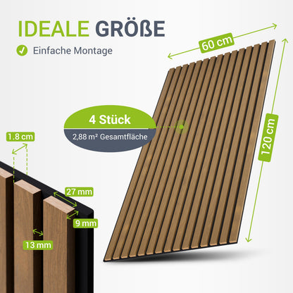 Juskys Akustikpaneele 4er Set, Wandpaneele, Eiche Natur Dunkel