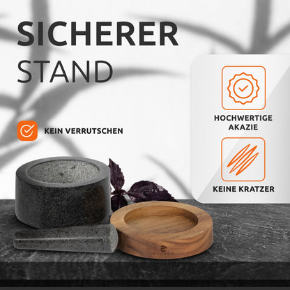 ECENCE Mörser mit Stössel, Naturgranit, Akazienholz-Sockel, Ø 15,5 cm