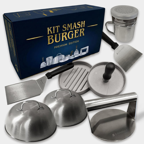 COARJAP Smash Burger Set 7-teilig, Edelstahl 304 mit Burgerpresse – inklusive Grillspachtel, Scraper und zwei Burgerglocken