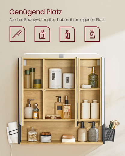 VASAGLE Spiegelschrank Bad Beleuchtung – Natureichenfarben 70x70 cm