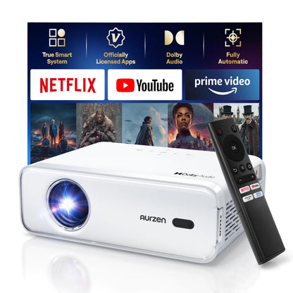 Aurzen Eazze D1 Smart Beamer Heimkino Projektor. Weisser, quaderförmiger Projektor für hochauflösende Film- und Streaming-Wiedergabe.