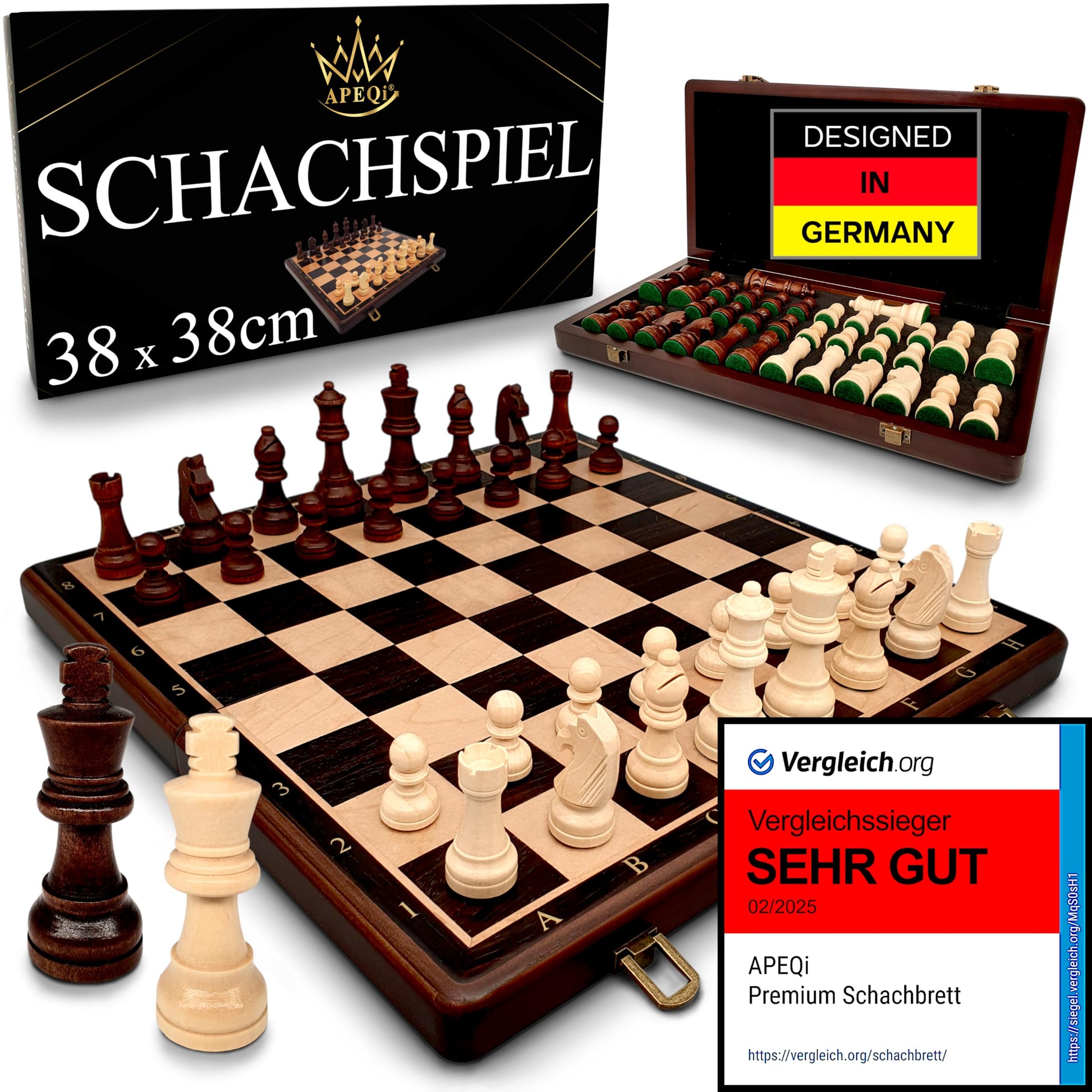 APEQi® Premium Schachspiel Holz – 38x38cm, klappbar, 2 Extra-Damen. Klappbares Holzbrett mit Holzfiguren. Zum Schachspielen.