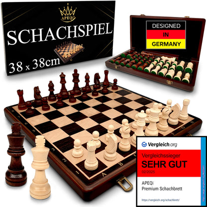 APEQi® Premium Schachspiel Holz – 38x38cm, klappbar, 2 Extra-Damen. Klappbares Holzbrett mit Holzfiguren. Zum Schachspielen.