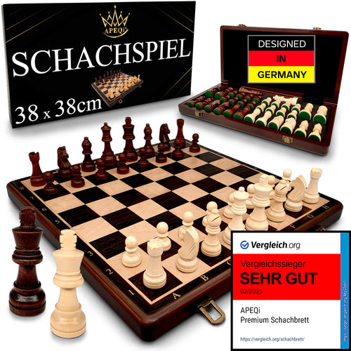 APEQi® Premium Schachspiel Holz – 38x38cm, klappbar, 2 Extra-Damen. Klappbares Holzbrett mit Holzfiguren. Zum Schachspielen.