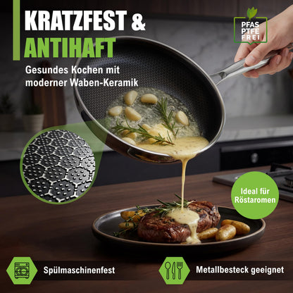 Morleos Wabenpfanne 28 cm, kratzfeste Keramik-Edelstahl-Bratpfanne