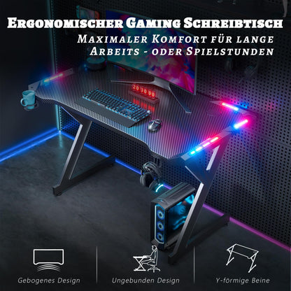 HLONONE Gaming Tisch mit LED, Computertisch 100 x 60 cm, Schwarz