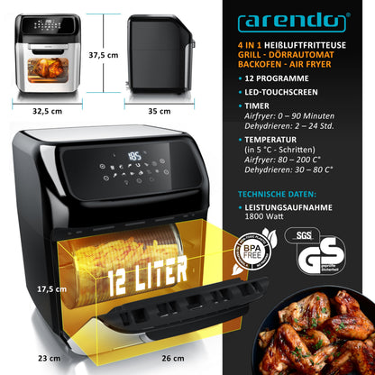 Arendo Heissluftfritteuse XXL Multifunktion 12L LED Touchscreen