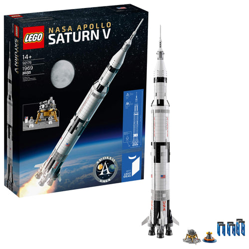 LEGO Ideas NASA Apollo Saturn V 21309 Modellbausatz. Weiß-schwarze mehrstufige Trägerrakete. Zum Nachbau der legendären NASA-Rakete.
