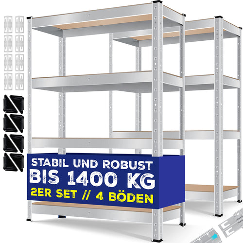 MASKO Schwerlastregal 2er-Set, Kellerregal 160 x 80 x 40 cm, Silber, Metallrahmen mit vier MDF-Böden