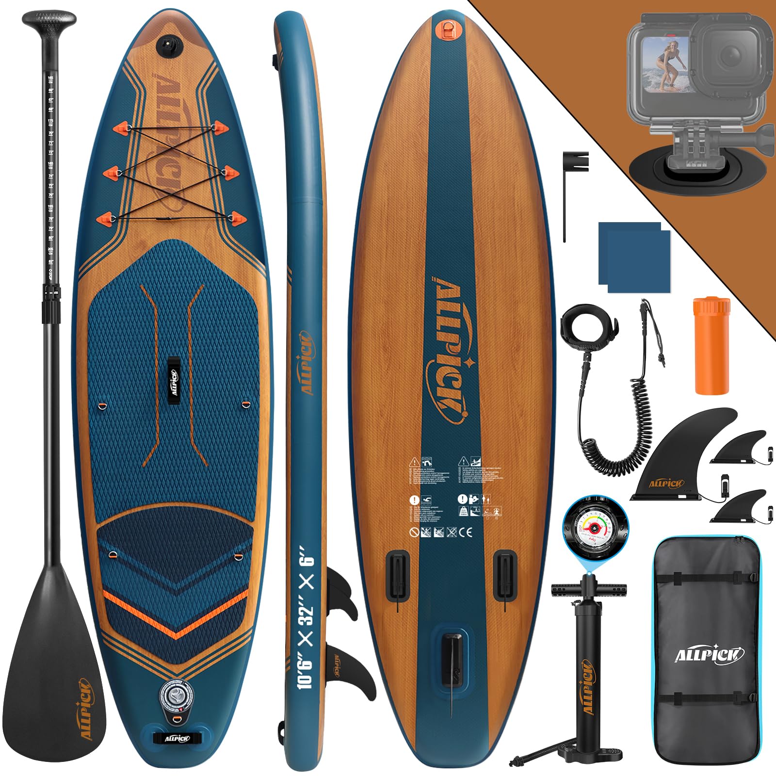 ALLPICK Premium SUP Board Set Aufblasbar Marineblau 180kg. Marineblaues, aufblasbares Stand-Up Paddle Board zum Paddeln auf Gewässern.