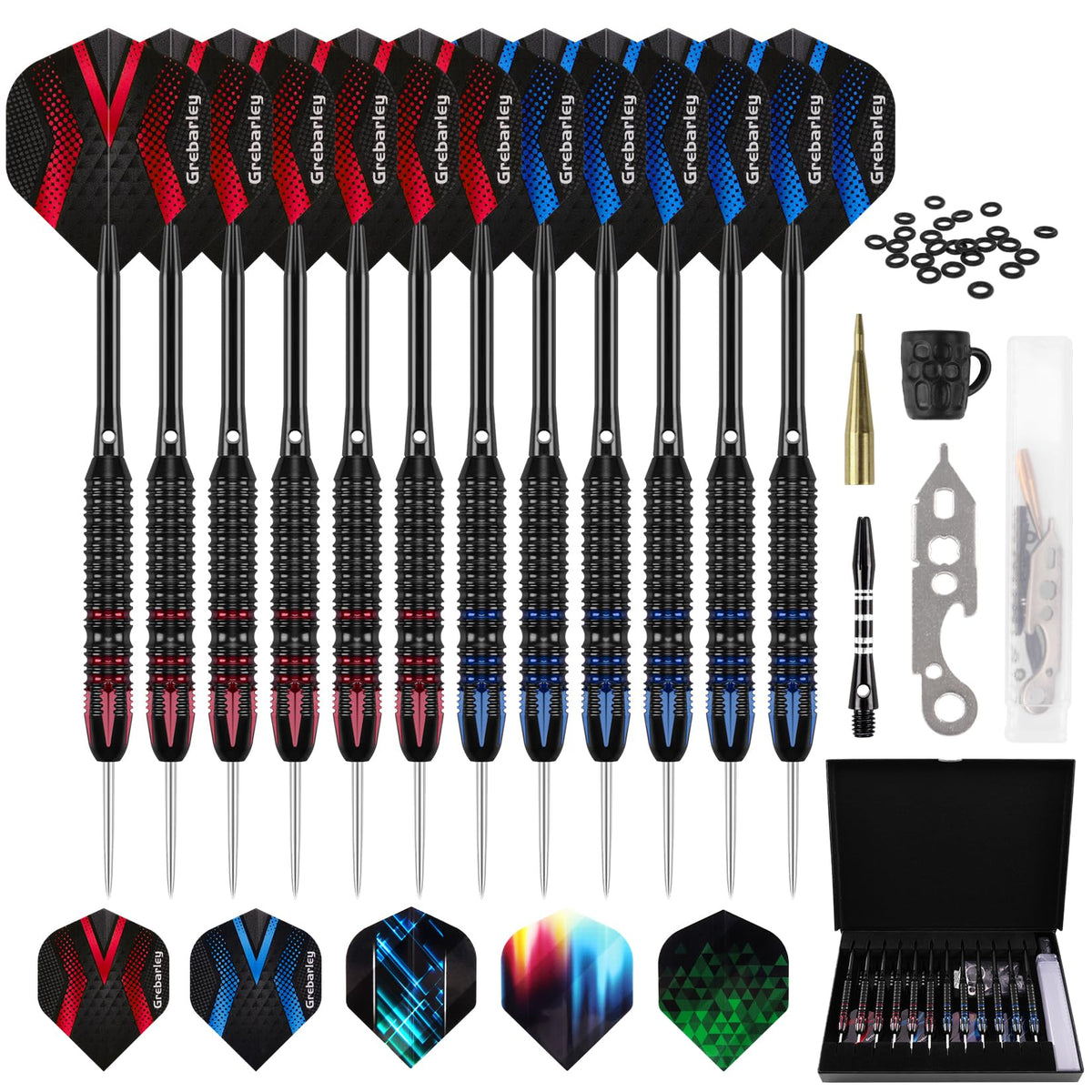 Grebarley Steeldarts Set, 12 Profi Dartpfeile mit Metallspitze und Aluminiumschäften