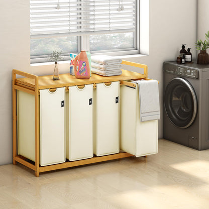 AdelDream Wäschekorb 200L mit 4 Fächern, Bambusrahmen, Beige