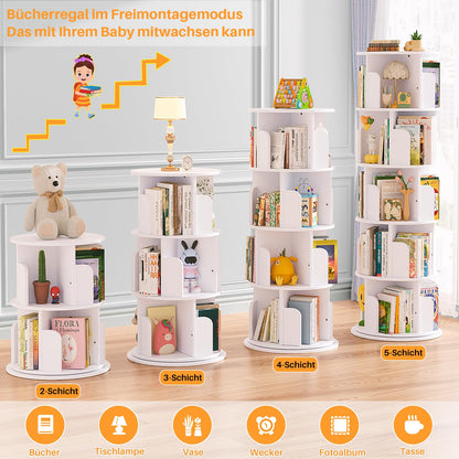 iSunirm Bücherregal drehbar 360 Grad, 5 Etagen, Holz, weiss