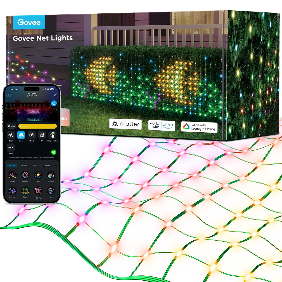 Govee Lichterkette Netz Smart Aussen 480 LEDs - Büsche. Großflächiges LED-Lichtnetz zur smarten Außenbeleuchtung von Büschen.