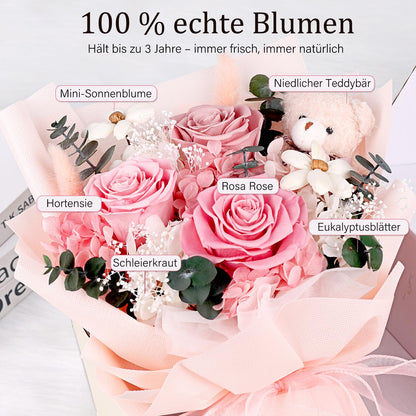 MAMAMIKO Konservierter Rosenstrauss mit Bär, 3 Infinity Rosen rosa