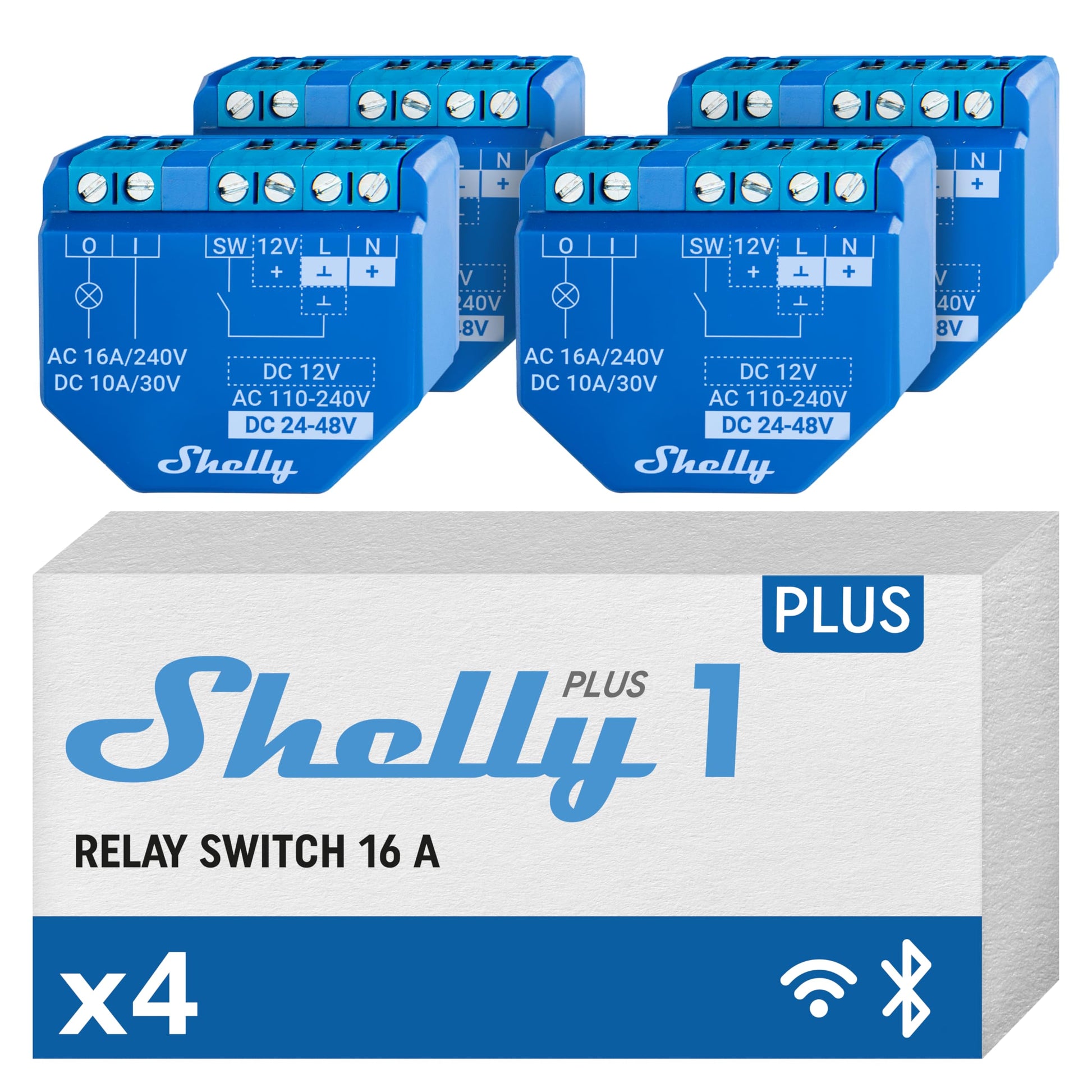 Shelly Plus 1 WLAN Bluetooth Smart Relais Schalter - 4er Pack: Vier weiße Relaismodule schalten drahtlos elektrische Verbraucher.