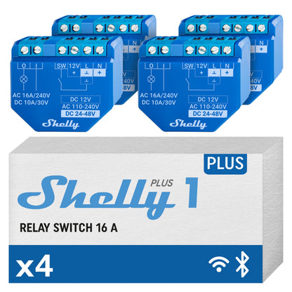 Shelly Plus 1 WLAN Bluetooth Smart Relais Schalter - 4er Pack: Vier weiße Relaismodule schalten drahtlos elektrische Verbraucher.