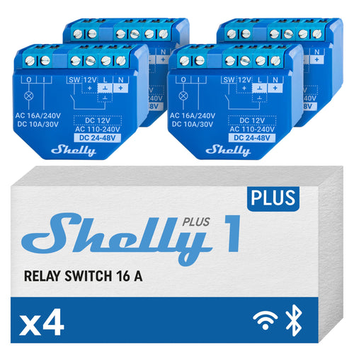 Shelly Plus 1 WLAN Bluetooth Smart Relais Schalter - 4er Pack: Vier weiße Relaismodule schalten drahtlos elektrische Verbraucher.