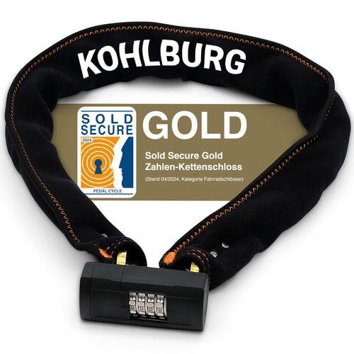 KOHLBURG Massives Zahlenschloss Kettenschloss 110cm Sold Secure GOLD. Schwarze massive Gliederkette schützt Fahrräder und Tore.