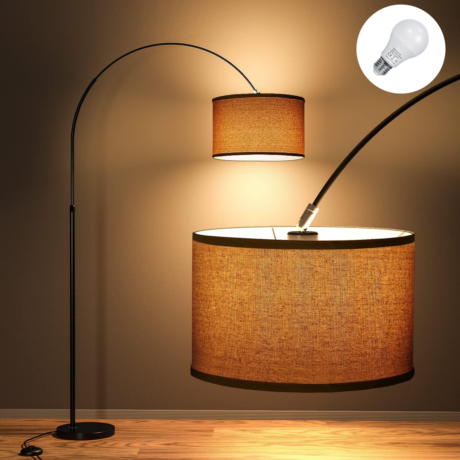 Modlicht JASMIN Dekorative Bogenleuchte - Leinen Beige. Gebogene Stehleuchte mit beigem Leinenschirm für Ambientebeleuchtung.