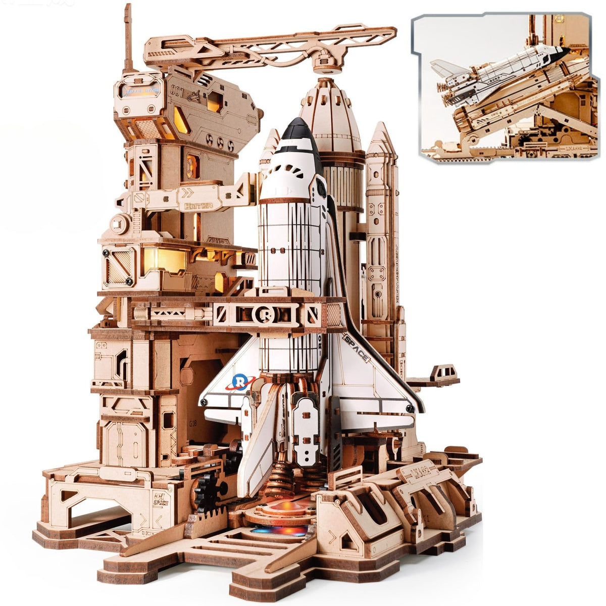 ROKR Space Shuttle LKA02 3D Holzpuzzle Modellbausatz mit Startbasis aus Holz mit Beleuchtung