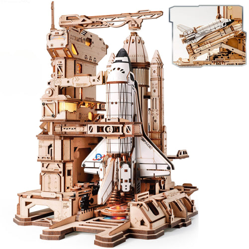 ROKR Space Shuttle LKA02 3D Holzpuzzle Modellbausatz mit Startbasis aus Holz mit Beleuchtung