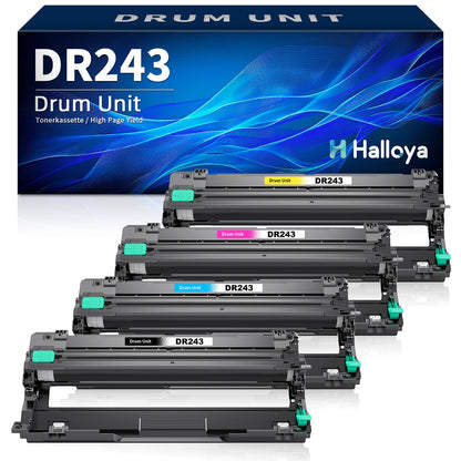 Halloya DR-243CL DR243 Trommeleinheit für Brother – 4er-Pack. Dunkle, zylindrische Einheit. Überträgt Toner für Laserdrucker.