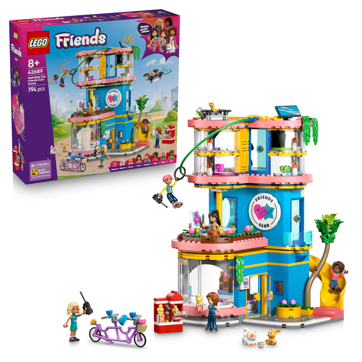 LEGO Friends 42689 Heartlake City Clubhaus der Freunde Bauset mit 5 Mini-Puppen und 3 Tierfiguren