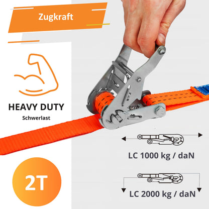 INTAKO Ratschenspanngurte mit Haken 8 m, 2000 kg, 4 Stück, orange