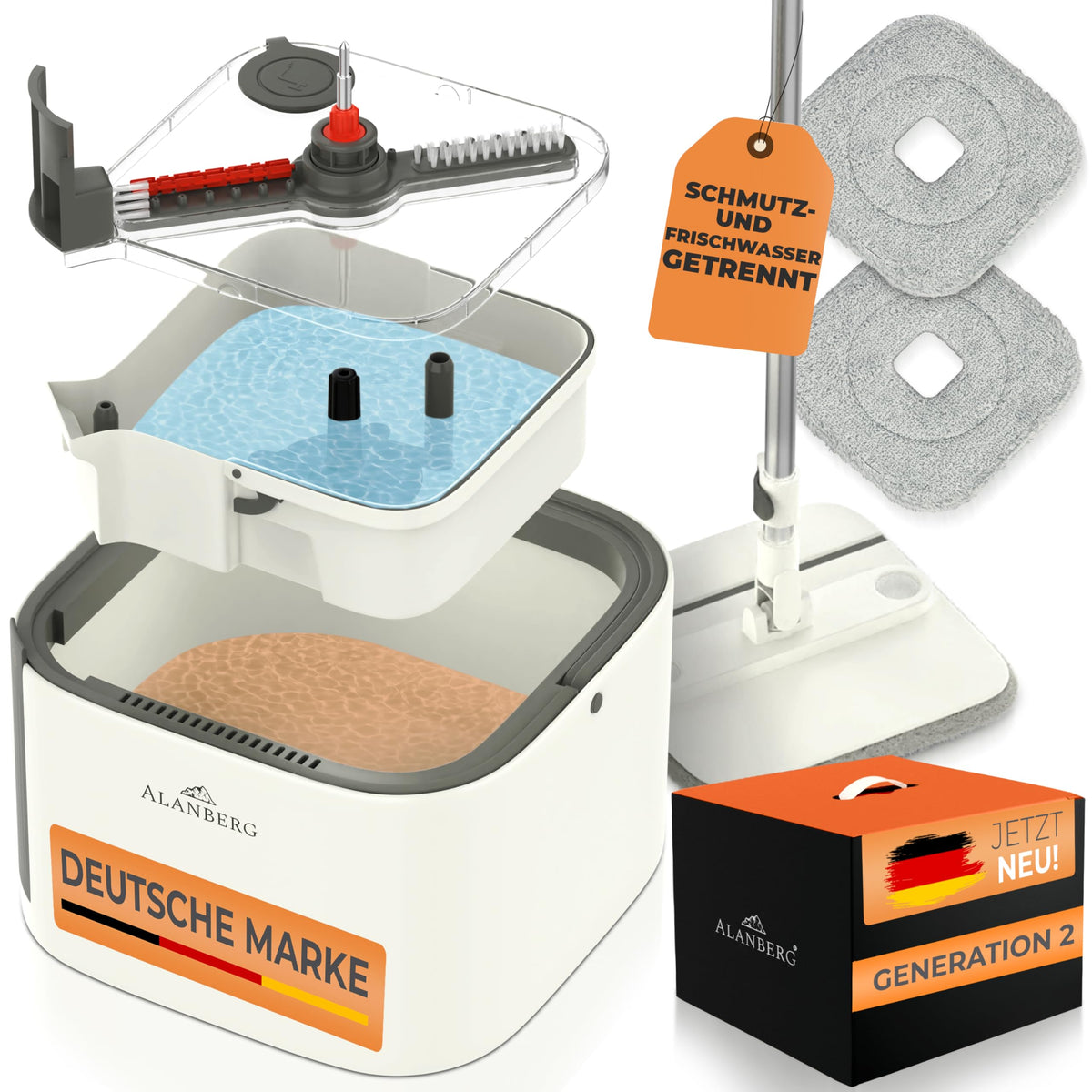 ALANBERG Wischmopp Set mit Eimer Gen 2, 360°-Flachwischer, weiss – Bodenwischer mit Doppelkammer-Eimer und Mikrofaser-Pads
