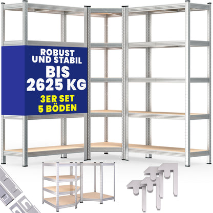 Monzana Schwerlastregal Eckregal Steckregal – 3er Set 2625 kg. Dreiteiliges, silbernes Eck-Steckregal für Lagerung schwerer Lasten.