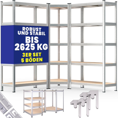 Monzana Schwerlastregal Eckregal Steckregal – 3er Set 2625 kg. Dreiteiliges, silbernes Eck-Steckregal für Lagerung schwerer Lasten.