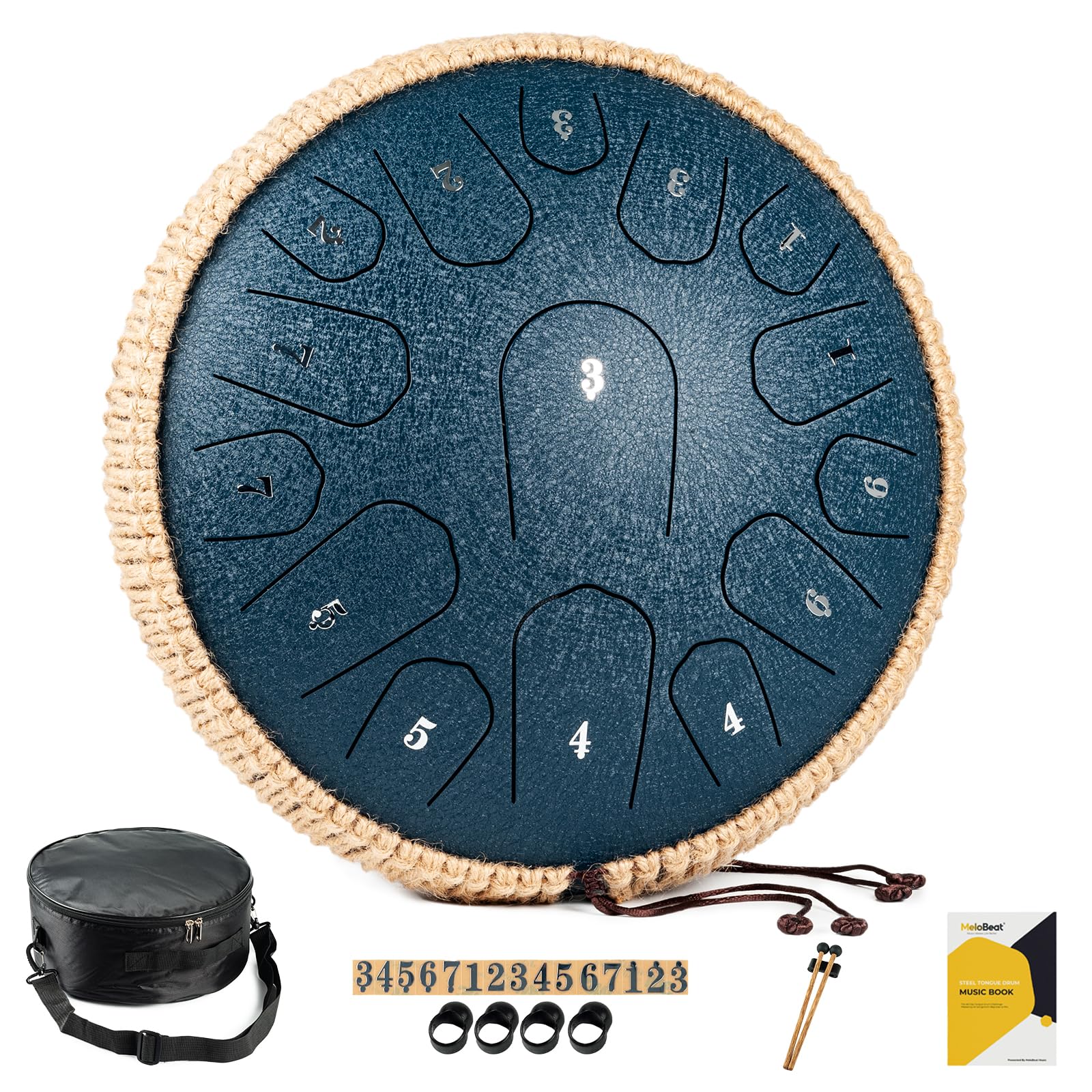 MeloBeat Zungentrommel 13 Zoll 15 Töne Steel Tongue Drum Set - Dunkelblau. Dunkelblaue Stahltrommel, 15 Töne. Erzeugt meditative Klänge zur Entspannung.