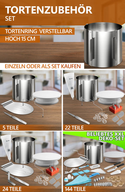 4smile Torten-Zubehör-Set 24-teilig mit Tortenring und Spritzbeutel