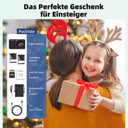 Caytail Digitalkamera 4K 64MP Kompaktkamera mit 18x Zoom, Schwarz