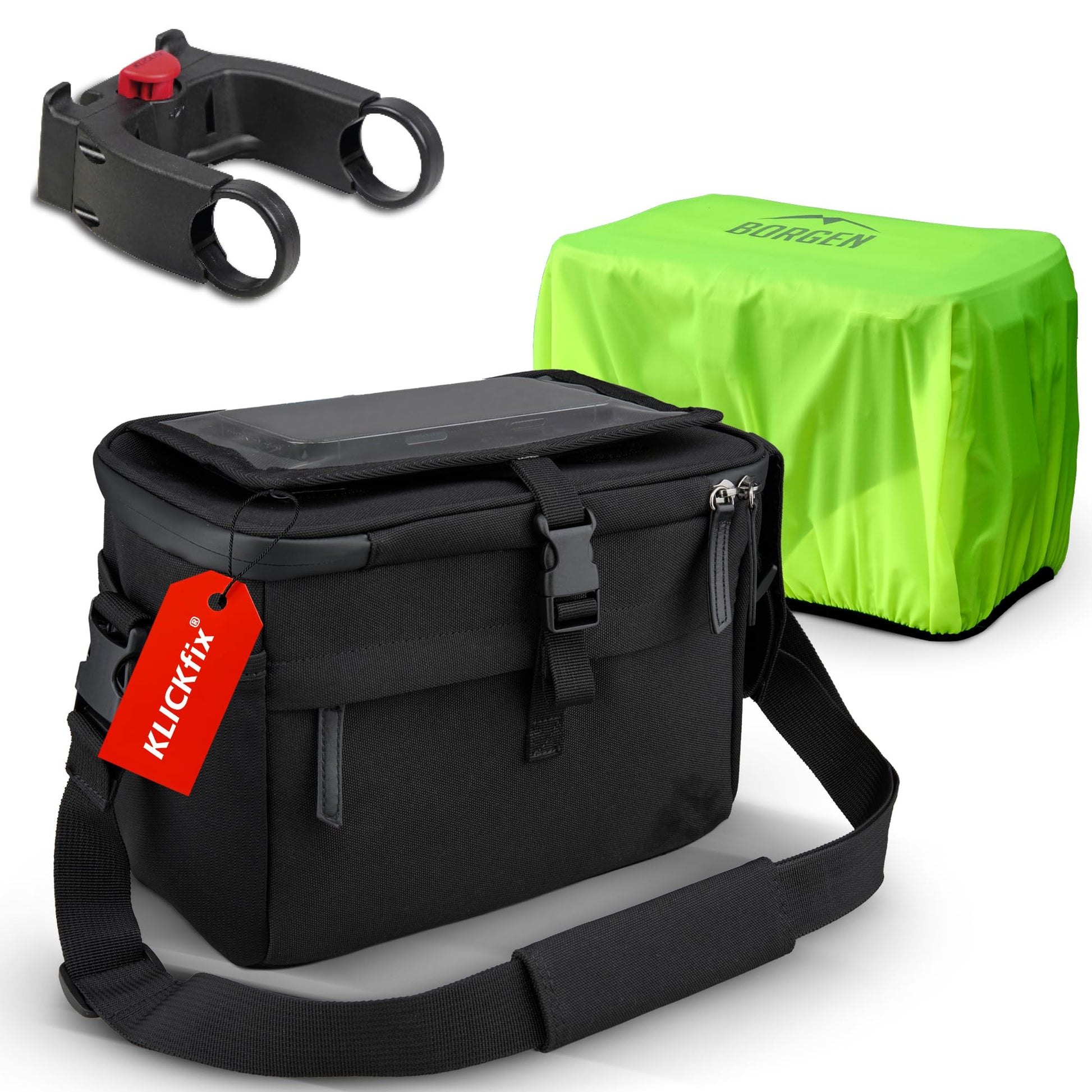 Borgen KLICKfix Fahrrad Lenkertasche Smartphone 6L – Wasserabweisend: Rechteckige, dunkle Tasche mit Smartphone-Fach zur Lenkerbefestigung.