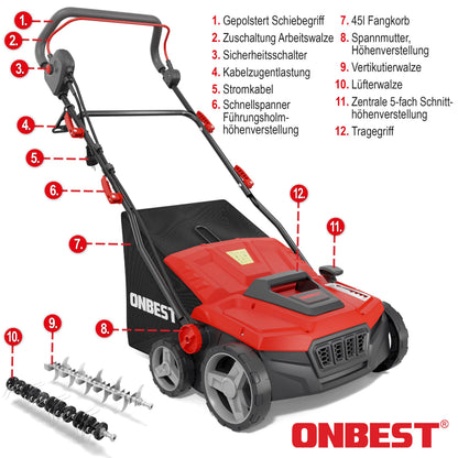 ONBEST 2in1 Elektro-Vertikutierer 1800 W, 38 cm, 45 l Fangkorb