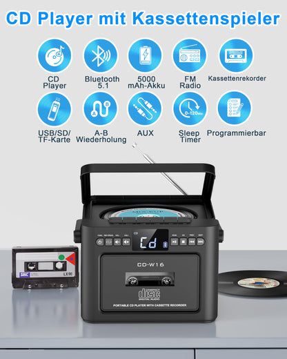 Greadio CD-Player tragbar mit Kassette, UKW Radio und Bluetooth