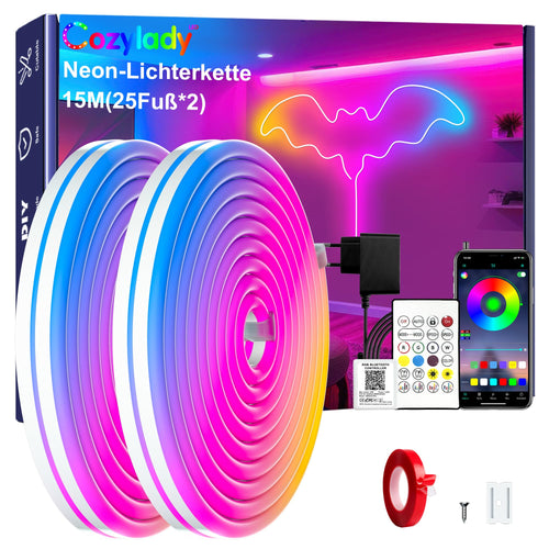 Cozylady RGB Neon LED Streifen 15 m, wasserdicht, mit App-Steuerung