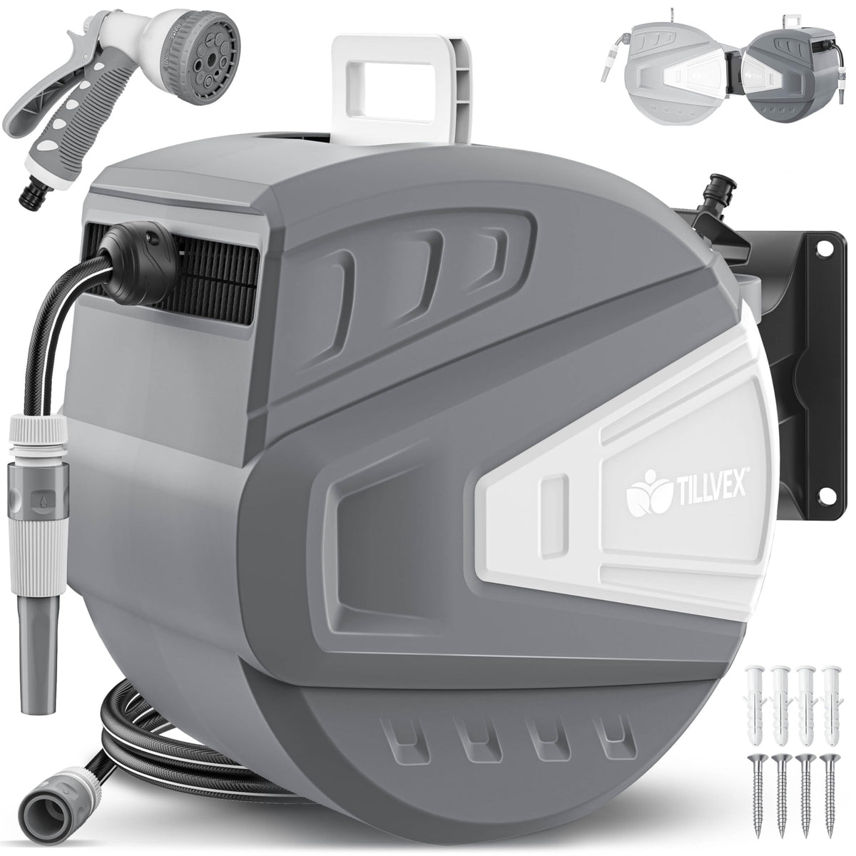 tillvex Schlauchtrommel 20 m mit Wandhalterung und Handbrause, grau – Wand-Schlauchbox mit Aufrollautomatik