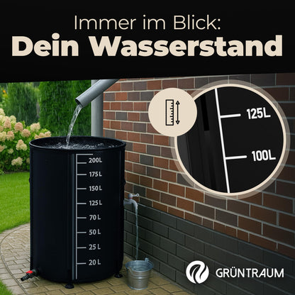 GRÜNTRAUM Regentonne faltbar 200L mit Füllstandsanzeige, schwarz