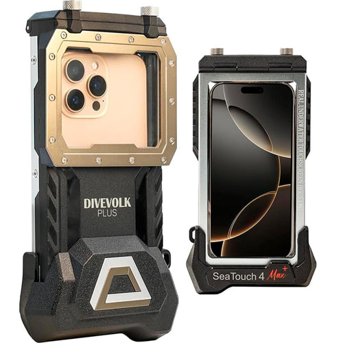 DIVEVOLK Seatouch 4 Max Plus Unterwassergehäuse – iPhone Kompatibel. Robustes schwarzes Gehäuse schützt und steuert iPhones für Unterwasserfotografie.
