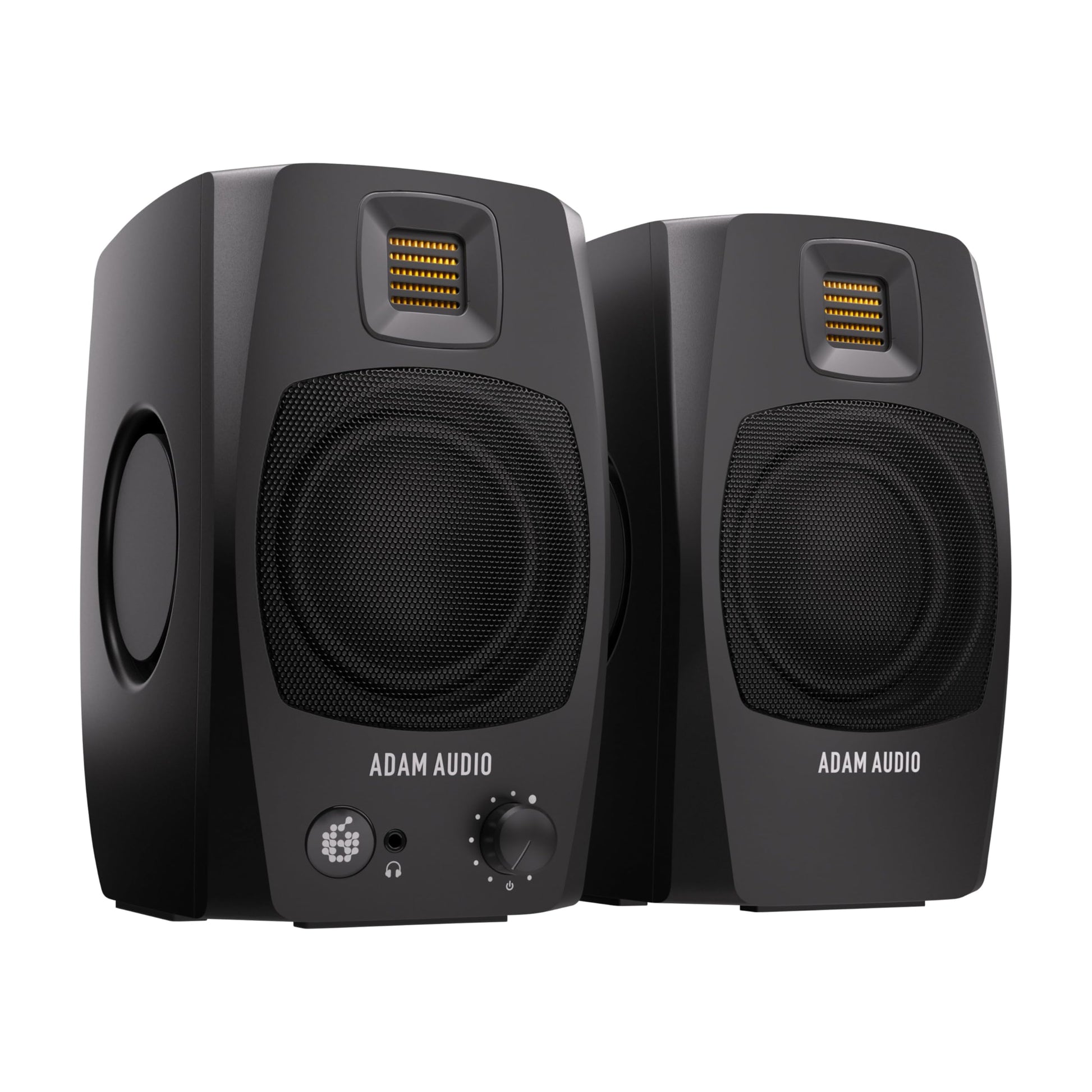 ADAM Audio D3V Aktiver Studio Monitor USB-C Schwarz (Paar): Zwei schwarze, quaderförmige Monitore für präzise Audio-Referenz und Abmischung.
