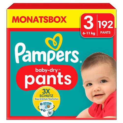 Pampers Baby-Dry Pants Grösse 3 (6-11kg) - 192 Windeln. Weiße, saugfähige Höschenwindel für trockene Babys.