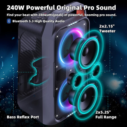 Foxdawn PT300 Bluetooth Partylautsprecher 240W mit LED-Lichtshow