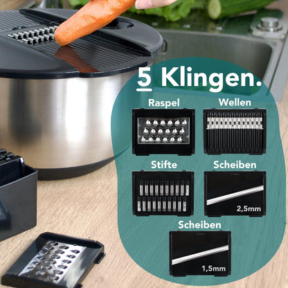 Cookery Salatschleuder Edelstahl 4,5 L mit Gemüsehobel, 5 Klingen