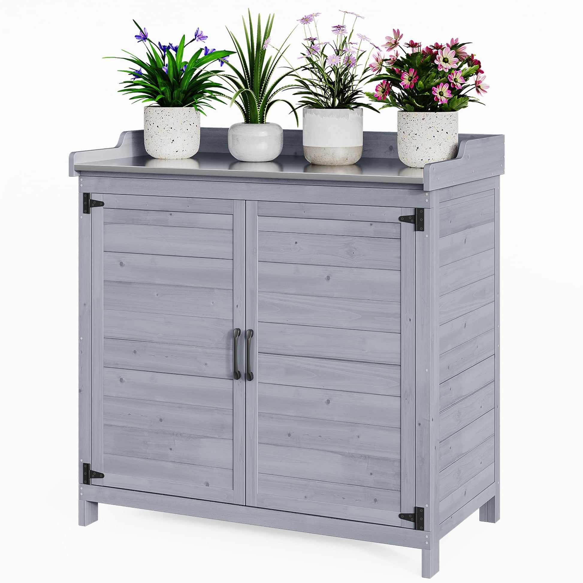 Bealife Pflanztisch mit Unterschrank Gartenschrank - Grau. Rechteckiger, grauer Pflanztisch mit Unterschrank für Gartenarbeit und Lagerung.